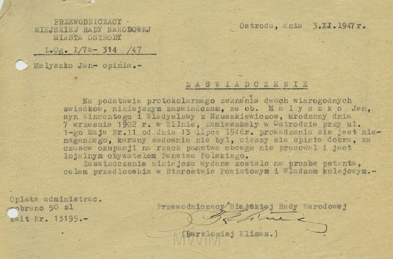 KKE 5559.jpg - Dok. Zaświadczenie z Zarządu Miejskiego Miasta Ostródy potwierdzające obywatelstwo i miejsce zamieszkania Jana Małyszko w czasach powojennych, Ostróda, 3 XI 1947 r.
